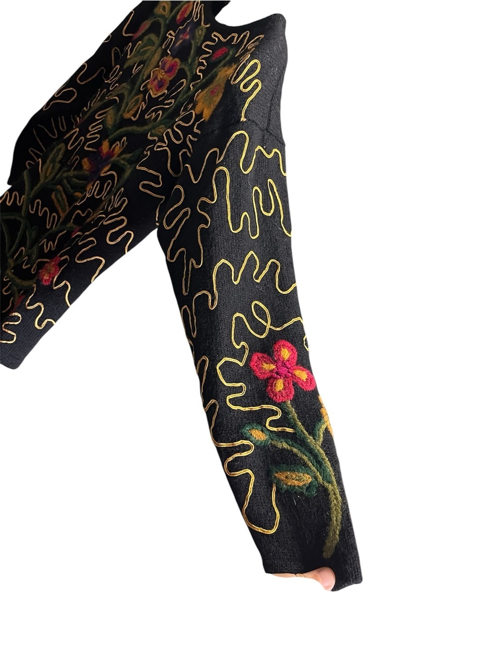 Sigrid Olsen Vintage 100 Wool Black Sweater with Multicolor Floral Embroidery - Picture 4 of 10